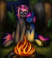 Size: 1600x1800 | Tagged: safe, artist:puggie, oc, oc only, oc:harmony strips, oc:shiny saphir, pony, bush, campfire, camping, collar, commission, cuddling, fire, fireplace, forest, grass, night, sharp teeth, siblings, sisters, stars, teeth, tent, tree