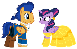 Size: 563x363 | Tagged: safe, artist:cloudy glow, artist:glittertiara, edit, flash sentry, twilight sparkle, alicorn, pony, g4, beauty and the beast, clothes, clothes swap, cosplay, costume, disney, duo, female, male, ship:flashlight, shipping, straight, twilight sparkle (alicorn)
