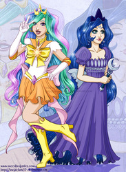 Size: 568x777 | Tagged: safe, artist:angiechan13, princess celestia, princess luna, human, g4, crossover, humanized, royal sisters, sailor moon (series), sailor senshi