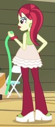 Size: 193x448 | Tagged: safe, screencap, rose heart, equestria girls, g4, my little pony equestria girls, bedroom eyes, bracelet, chair, cropped, ear piercing, earring, female, hand on hip, high heels, jewelry, piercing, solo, streamer, table