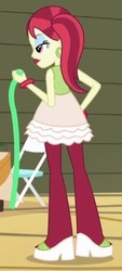 Size: 195x433 | Tagged: safe, screencap, rose heart, equestria girls, g4, my little pony equestria girls, bedroom eyes, bracelet, chair, cropped, female, hand on hip, high heels, jewelry, solo, streamer, table