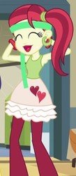 Size: 217x497 | Tagged: safe, screencap, rose heart, equestria girls, g4, my little pony equestria girls, bracelet, clothes, cropped, ear piercing, earring, eyes closed, female, heart, lockers, piercing, ponytail, skirt, solo, tank top