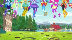 Size: 1100x618 | Tagged: safe, screencap, applejack, fluttershy, pinkie pie, rainbow dash, rarity, sci-twi, spike, sunset shimmer, twilight sparkle, equestria girls, g4, my little pony equestria girls: legend of everfree, balloon, boots, chains, crystal guardian, crystal wings, gloves, high heel boots, humane five, humane seven, humane six, jewelry, legs, legs in air, mane seven, mane six, mountain, ponied up, ponytail, raised leg, rock climbing, sailboat, shoes, sleeveless, sneakers, sun, super ponied up, tree, wings