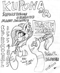 Size: 1280x1548 | Tagged: safe, artist:zemer, oc, oc only, oc:kupona, zebra, fallout equestria, explicit source, grayscale, monochrome, reference sheet, simple background, solo, traditional art, white background