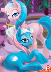 Size: 849x1200 | Tagged: safe, artist:arctic-fox, aloe, lotus blossom, earth pony, pony, g4, bedroom eyes, butt, colored pupils, duo, duo female, featureless crotch, female, lidded eyes, looking at you, looking back, mare, patreon, patreon logo, plot, sisters, smiling, spa, spa twins, twins