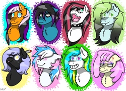 Size: 835x607 | Tagged: safe, artist:doodlepoodle812, oc, oc only, oc:cloudy night, oc:despy, oc:emala jiss, oc:emmy, oc:lightning dancer, oc:starbit, oc:sunrise, oc:vanilla swirl, pony, :3, :o, angry, bust, chest fluff, choker, collar, colored eyebrows, colored eyelashes, depressed, ear fluff, ear piercing, feather, female, freckles, gift art, glasses, group, heterochromia, lip piercing, long muzzle, looking at you, looking up, male, no pupils, one eye closed, open mouth, piercing, sad, simple background, smiling, spiked choker, teeth, white background, wink