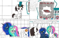 Size: 3395x2184 | Tagged: safe, artist:eternaljonathan, princess celestia, princess luna, oc, oc:nemo, pony, comic:a new twist, g4, chubby, comic, fat, guardian, high res, horn, horn ring, poster, royal sisters, science fiction, traditional art, video game