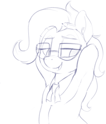 Size: 1698x1992 | Tagged: safe, artist:dimfann, grace manewitz, pony, semi-anthro, g4, arm behind head, armpits, bipedal, ear fluff, female, glasses, grace manewitz is an armpit slut, mare, monochrome, open mouth, pencil, simple background, sketch, smiling, solo, white background