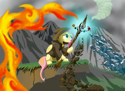 Size: 1280x931 | Tagged: safe, artist:lord-destrustor, part of a set, fluttershy, pony, g4, air, cloak, clothes, earth, elements, female, fire, folded wings, hooded cape, hoof hold, looking at something, mountain, sitting, solo, staff, ten legendary weapons, water, yggdrasil