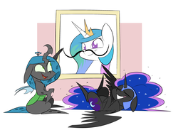 Size: 3541x2585 | Tagged: safe, artist:underpable, nightmare moon, princess celestia, queen chrysalis, alicorn, changeling, changeling queen, nymph, pony, g4, bust, chibi, crown, cute, cutealis, cutelestia, duo, duo female, eyes closed, facial hair, female, helmet, high res, i can't believe it's not fluttershythekind, jewelry, laughing, marker, moonabetes, moustache, portrait, pure unfiltered evil, regalia, simple background, smiling, style emulation, vandalism, wall, white background, you monster