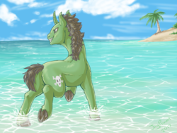 Size: 1280x960 | Tagged: safe, artist:maplesyrupsparkles, oc, oc only, pony, unicorn, beach, curved horn, grin, horn, ocean, palm tree, smiling, solo, tree