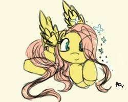 Size: 855x685 | Tagged: safe, artist:stacy-chan4eva, fluttershy, pony, g4, colored sketch, female, hair over one eye, looking at you, prone, simple background, sketch, solo