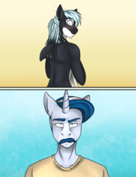 Size: 1024x1331 | Tagged: safe, artist:blackblood-queen, oc, oc only, oc:mako, oc:silver lining, earth pony, hybrid, orca pony, original species, anthro, anthro oc, awkward, clothes, dorsal fin, ear piercing, facial hair, gradient background, looking at you, looking back, male, moustache, partial nudity, piercing, rear view, scar, simple background, stallion, story in the source, story included, surprised, topless