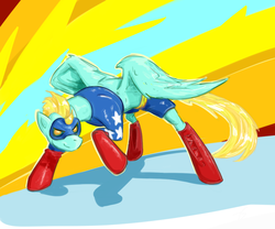 Size: 983x816 | Tagged: safe, artist:testostepone, lightning dust, pony, g4, britt irvin, clothes, colored, cosplay, costume, female, solo, stargirl, superhero, voice actor joke