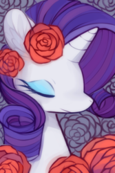 Size: 300x450 | Tagged: safe, artist:mousu, rarity, pony, unicorn, g4, female, flower, rose, solo