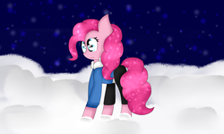 Size: 3584x2148 | Tagged: safe, artist:mlpwolfiathewolfgirl, pinkie pie, earth pony, pony, g4, clothes, cosplay, costume, female, high res, sans (undertale), sans pie, snow, solo, undertale, winter