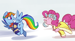 Size: 1100x611 | Tagged: safe, artist:professor-ponyarity, pinkie pie, rainbow dash, snowdash, spirit of hearth's warming presents, pony, g4, chase, clothes, feather, this will end in tickles