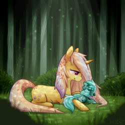 Size: 800x800 | Tagged: safe, artist:mousu, oc, oc only, pegasus, pony, unicorn, colt, crying, female, forest, happy, male, mare, mother and son