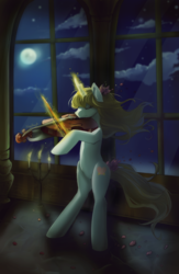 Size: 850x1300 | Tagged: safe, artist:skyeypony, oc, oc only, oc:crystal summer, pony, unicorn, bipedal, candle, cloud, commission, female, flower, flower in hair, flower petals, full moon, glowing horn, horn, magic, mare, moon, musical instrument, night, signature, smiling, solo, violin