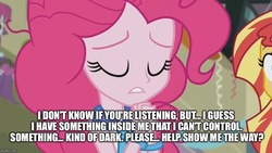 Size: 887x500 | Tagged: safe, edit, edited screencap, screencap, pinkie pie, sunset shimmer, equestria girls, g4, my little pony equestria girls: friendship games, image macro, meme, pinkie pie praying, praying, south park, stan marsh, this will end in possession