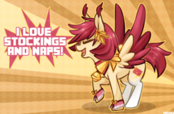 Size: 778x510 | Tagged: safe, artist:mousu, oc, oc only, pegasus, pony, bell, clothes, dialogue, eyes closed, open mouth, raised hoof, screaming, smiling, solo, spread wings, stockings, thigh highs, wings, yelling