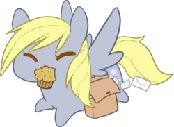 Size: 405x297 | Tagged: safe, artist:mousu, derpy hooves, pegasus, pony, g4, chibi, cute, derpabetes, eyes closed, female, food, letter, mouth hold, muffin, simple background, solo, transparent background