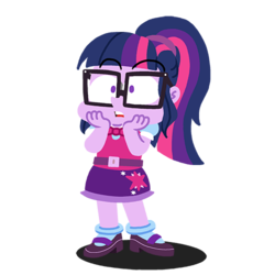 Size: 500x500 | Tagged: safe, artist:rawrienstein, sci-twi, twilight sparkle, equestria girls, g4, belt, bowtie, chibi, clothes, cute, female, glasses, mary janes, ponytail, scared, shoes, skirt, socks, solo, twiabetes