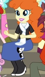 Size: 249x423 | Tagged: safe, screencap, golden hazel, normal norman, paisley, equestria girls, g4, my little pony equestria girls: friendship games, boots, clothes, cropped, high heel boots, long skirt, scarf, sitting, skirt