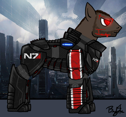 Size: 679x632 | Tagged: safe, artist:sheason, pony, armor, commander shepard, mass effect, n7, n7 armor, ponified, renegade, scar, solo