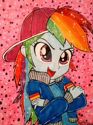 Size: 1024x1370 | Tagged: safe, artist:berrydiamond93, rainbow dash, equestria girls, g4, spoiler:eqg specials, backwards ballcap, baseball cap, cap, clothes, crossed arms, female, hat, looking at you, open mouth, rapper, rapper dash, singing, solo, traditional art, watermark