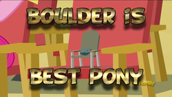 Size: 1366x768 | Tagged: safe, edit, edited screencap, screencap, boulder (g4), g4, rock solid friendship, best pony, chair, discovery family logo, solo, text, text edit