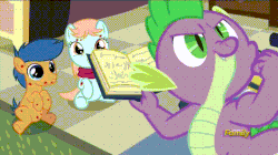 Size: 720x404 | Tagged: safe, screencap, first base, peach fuzz, spike, dragon, a flurry of emotions, g4, book, clothes, discovery family logo, flexing, gif, horsey hives, non-animated gif, ponyville hospital, scarf, scribbles