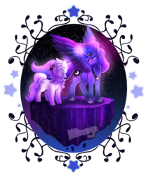 Size: 1000x1200 | Tagged: safe, artist:cabbage-arts, princess luna, oc, oc:tender dream, pony, unicorn, g4, commission, commissioner:sarryck, duo, female, floating island, glowing horn, horn, simple background, spread wings, stars, transparent background, ych result