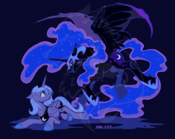 Size: 806x640 | Tagged: safe, artist:ogre, nightmare moon, princess luna, pony, g4, crying, duality, eye contact, floppy ears, flying, grin, looking at each other, looking up, prone, s1 luna, smiling, watermark