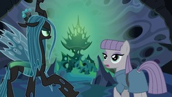Size: 1188x670 | Tagged: safe, edit, edited screencap, screencap, maud pie, queen chrysalis, changeling, changeling queen, g4, rock solid friendship, fanfic in the description, female, throne
