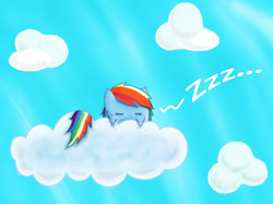 Size: 800x599 | Tagged: safe, artist:solvandus, rainbow dash, pegasus, pony, puffball, g4, cloud, female, kirby, kirby (series), kirby dash, sleeping, solo, zzz