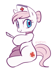 Size: 860x1083 | Tagged: safe, artist:maren, nurse redheart, earth pony, pony, g4, cute, female, heartabetes, looking at you, mare, nurse, old cutie mark, simple background, sitting, smiling, solo, white background