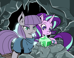 Size: 1344x1059 | Tagged: dead source, safe, artist:reiduran, maud pie, starlight glimmer, earth pony, pony, unicorn, g4, rock solid friendship, cave, clothes, dress, duo, emerald, eyes on the prize, eyeshadow, gem, makeup