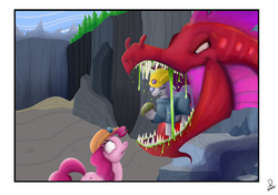 Size: 5016x3541 | Tagged: safe, artist:dinodraketakethecake, maud pie, pinkie pie, pony, quarray eel, g4, rock solid friendship, absurd resolution, drool, female, helmet, jasper emerald, mining helmet, scene interpretation