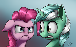 Size: 2132x1333 | Tagged: safe, artist:deltauraart, lyra heartstrings, pinkie pie, earth pony, pony, unicorn, g4, rock solid friendship, :c, duo, female, floppy ears, frown, gradient background, gritted teeth, looking at each other, looking at someone, mare, scene interpretation, teeth, worried