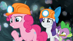 Size: 1366x768 | Tagged: safe, screencap, pinkie pie, rarity, spike, dragon, g4, rock solid friendship, comforting, cropped, crying, discovery family logo, floppy ears, gem, hard hat, hat, helmet, marshmelodrama, mine, mining helmet, sweat, teary eyes