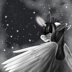Size: 1736x1736 | Tagged: safe, artist:brainiac, twilight sparkle, alicorn, pony, g4, black and white, commission, crying, cutie mark, female, grayscale, immortality blues, monochrome, night, night sky, partially open wings, sky, solo, starry sky, twilight sparkle (alicorn), twilight will outlive her friends, wings
