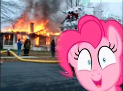 Size: 503x373 | Tagged: safe, edit, pinkie pie, earth pony, pony, g4, rock solid friendship, disaster girl, fire, house, wat, wtf