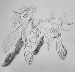 Size: 2788x2660 | Tagged: safe, artist:brainiac, oc, oc only, oc:blackjack, cyborg, pony, unicorn, fallout equestria, fallout equestria: project horizons, amputee, augmented, black and white, cutie mark, cyber legs, cybernetic legs, fanfic, fanfic art, female, grayscale, high res, hooves, horn, mare, monochrome, simple background, solo, traditional art, white background, wip