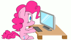 Size: 640x360 | Tagged: safe, artist:welcometoplok, pinkie pie, earth pony, pony, g4, animated, blinking, computer, female, gif, looking at something, looking at you, mare, reaction image, sitting, solo, turned head, what did i just read, what the fuck am i reading