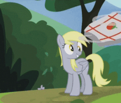 Size: 401x340 | Tagged: safe, edit, edited screencap, screencap, derpy hooves, pegasus, pony, g4, rock solid friendship, abuse, animated, derpybuse, female, food, gif, loop, mare, perfect loop, pizza, solo