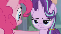 Size: 1920x1080 | Tagged: safe, screencap, pinkie pie, starlight glimmer, pony, g4, rock solid friendship, discovery family logo, lidded eyes, starlight glimmer is not amused, unamused