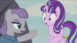 Size: 1920x1080 | Tagged: safe, screencap, maud pie, starlight glimmer, earth pony, pony, unicorn, g4, rock solid friendship, discovery family logo, equal cutie mark, out of context, pointing, s5 starlight