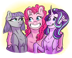 Size: 2603x2108 | Tagged: safe, artist:micky-ann, maud pie, pinkie pie, starlight glimmer, pony, unicorn, g4, rock solid friendship, clothes, curved horn, eyeshadow, female, grin, high res, horn, lidded eyes, makeup, mare, muscles, pie sisters, siblings, sisters, smiling, trio
