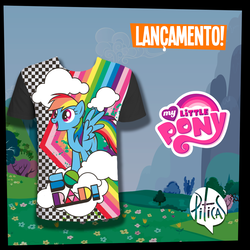 Size: 1000x1000 | Tagged: safe, rainbow dash, pony, g4, official, brazil, checkered, clothes, cloud, facebook, female, merchandise, my little pony logo, piticas, portuguese, radical, rainbow, shirt, solo, t-shirt